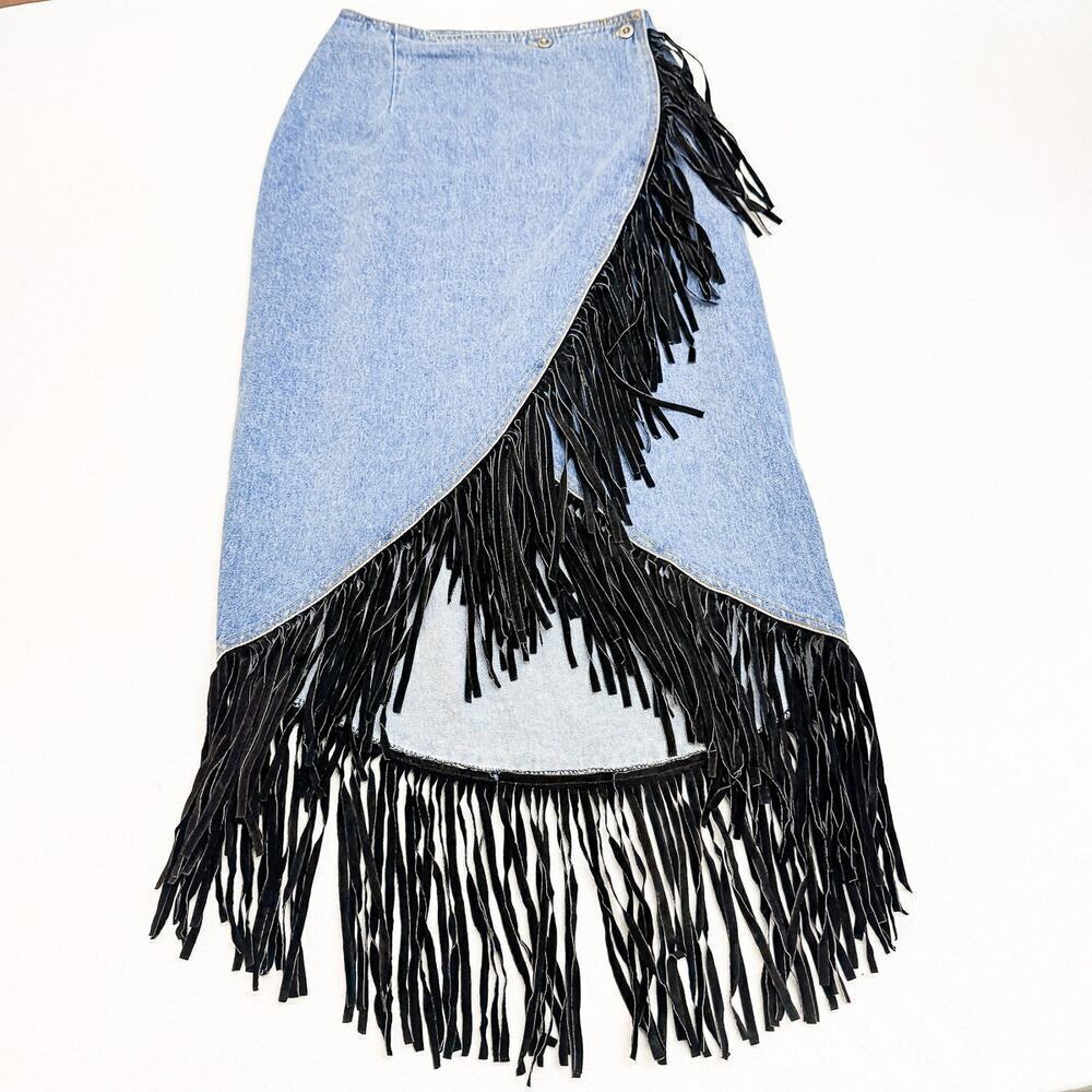 Seruchi Vintage Suede Fringe Hem Denim Straight Pencil Skirt Size 5/6